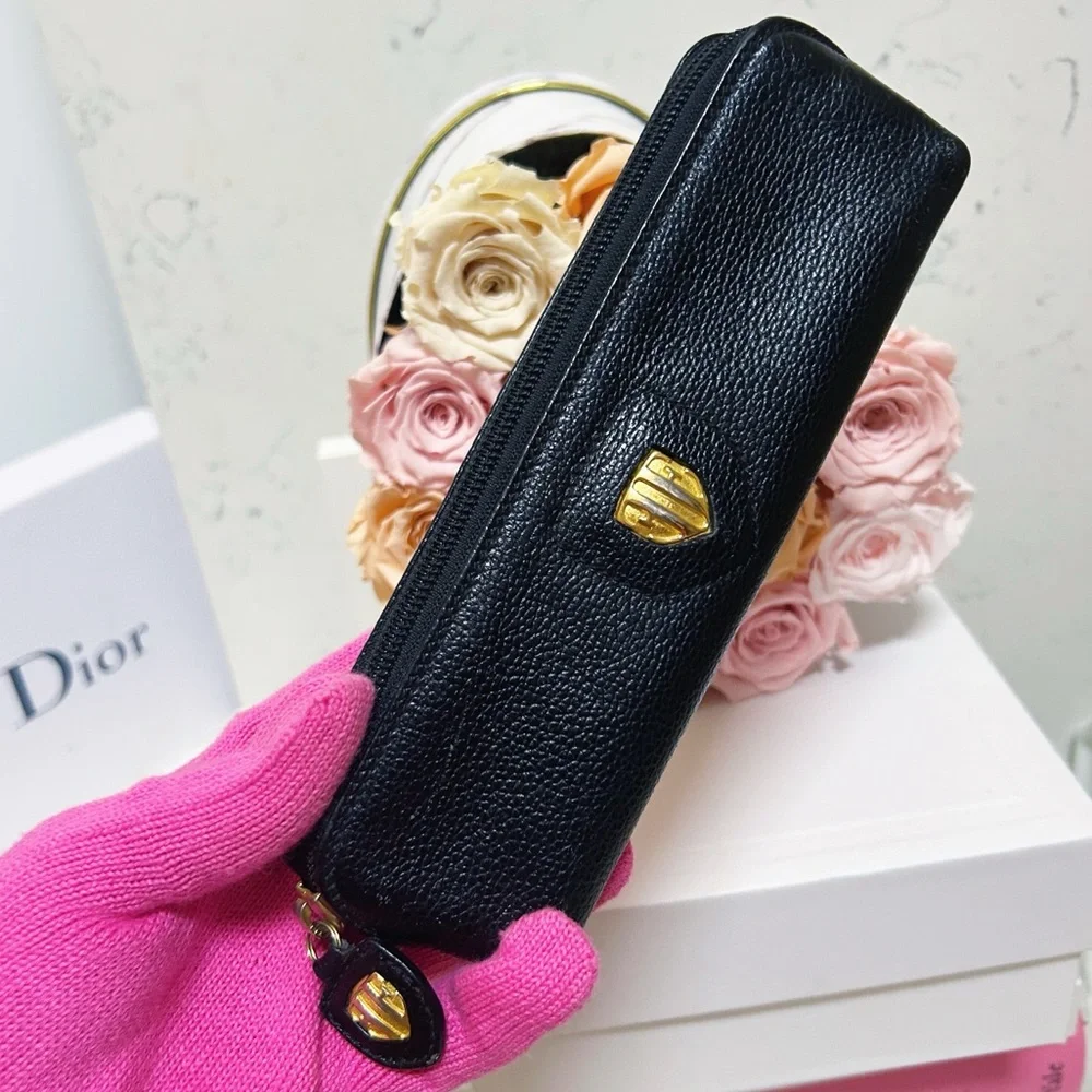 Authentic Escada RARE Vintage Black Leather Cosmetic / Pencil Bag